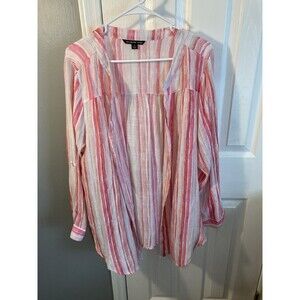 Zac & Rachel Top Woman Size 1X Pink White Stripes Button Up Roll Tab Sleeves